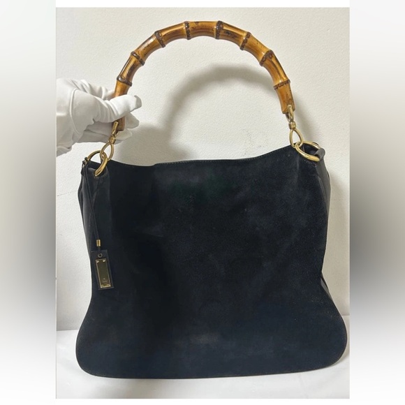 Gucci Black Suede Shoulder Bag with Bamboo Handle - Picture 4 of 15